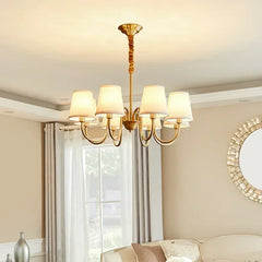 Classic 6-arm cottage chandelier with fabric shades and polished copper frame – warm lighting for dining and living spaces