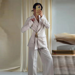 Ruched Waist Gold Buckle Blazer and Wide Leg Pants Set