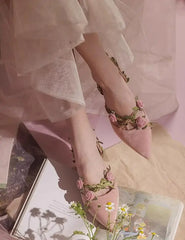 Pink Floral Vine Kitten Heels