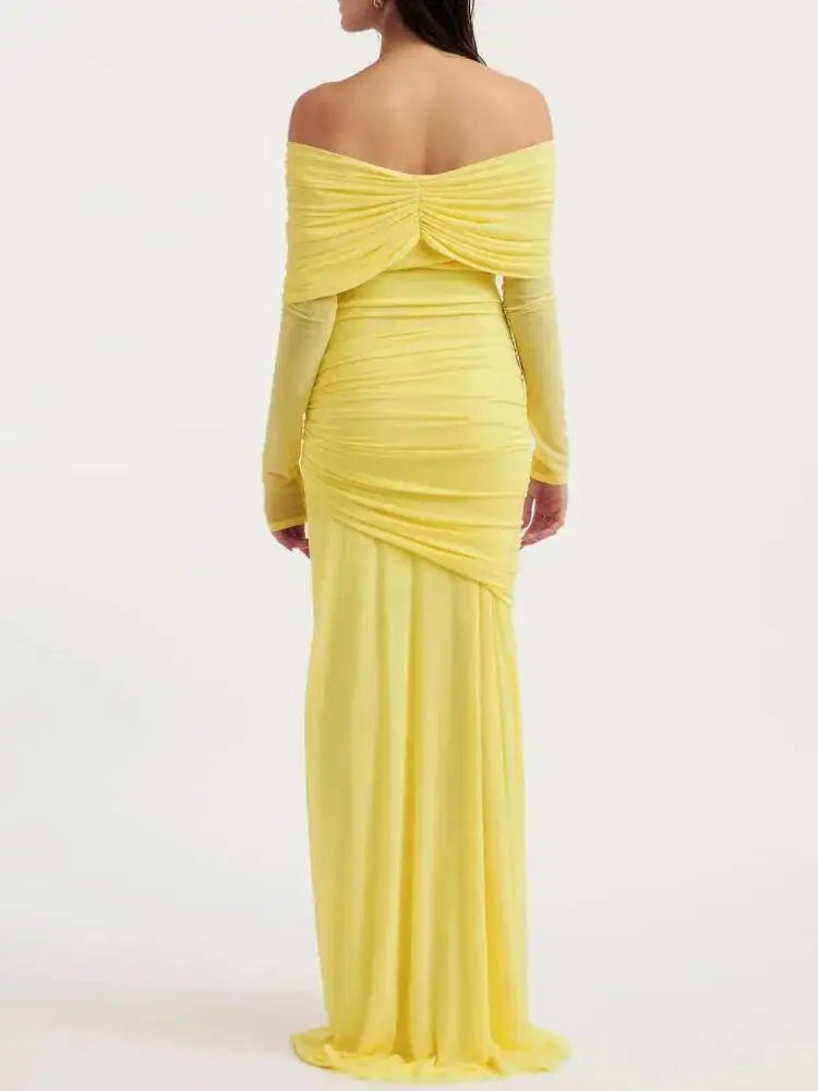 Back view of an off-shoulder draped gown dress with gathered waist