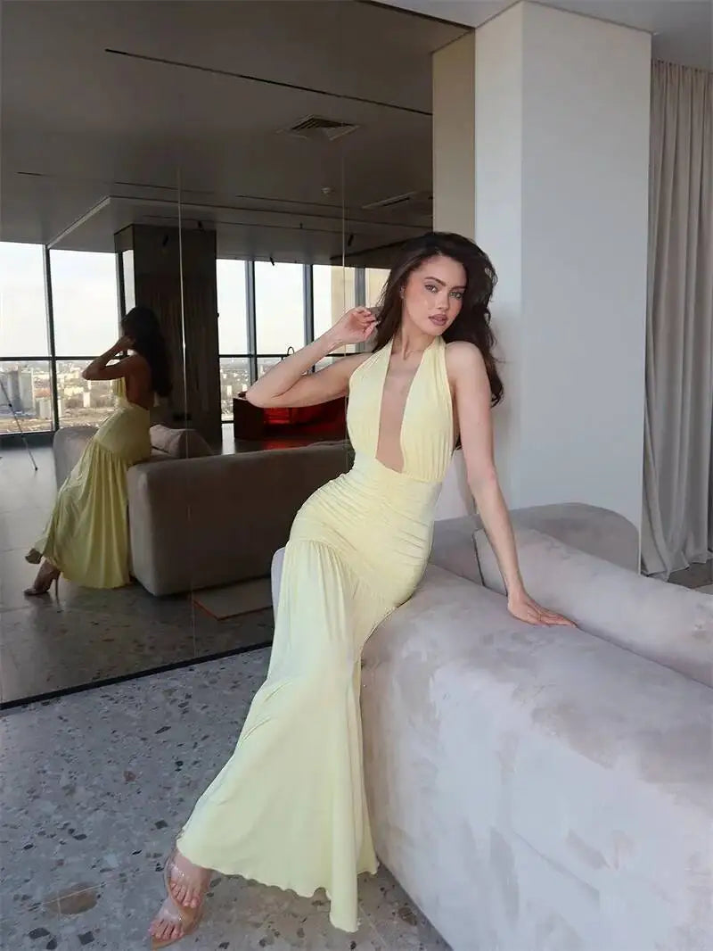 Yellow deep neck ruched halter maxi dress