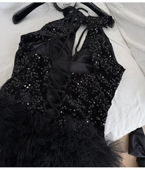 Sequined Halter Neck Ruffle Detail Mini Dress