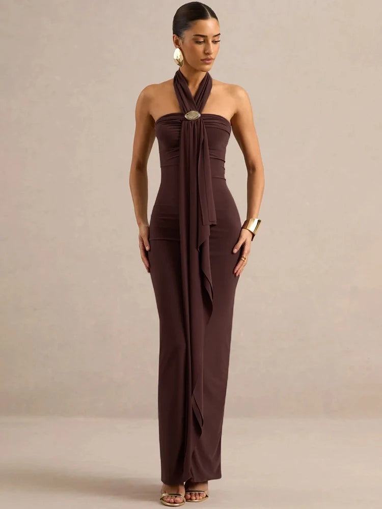 Draped halter maxi dress with metal buckle accent