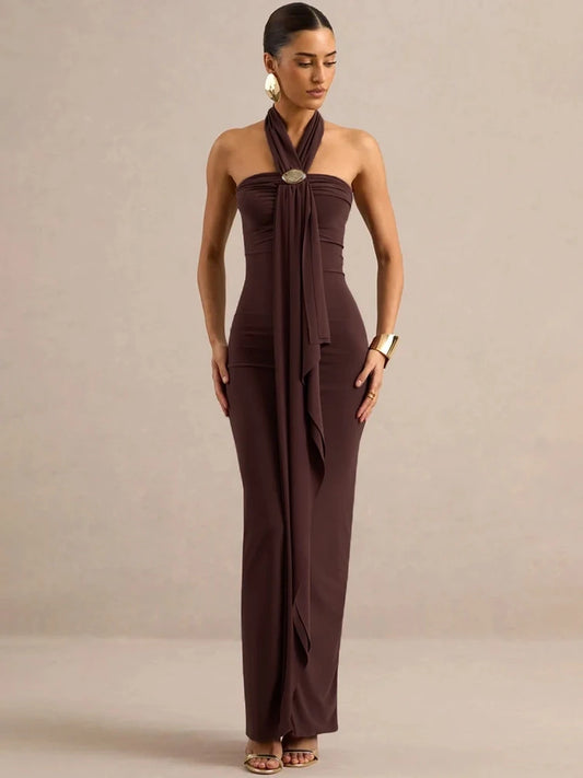 Draped halter maxi dress with metal buckle accent
