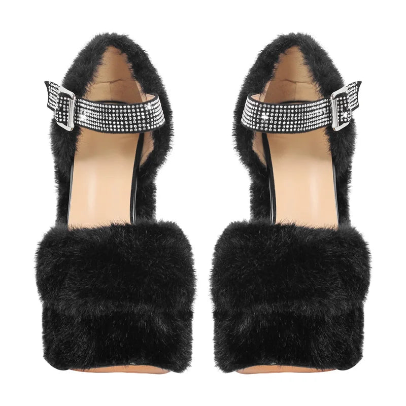 Faux fur platform sandals with embellished ankle strap