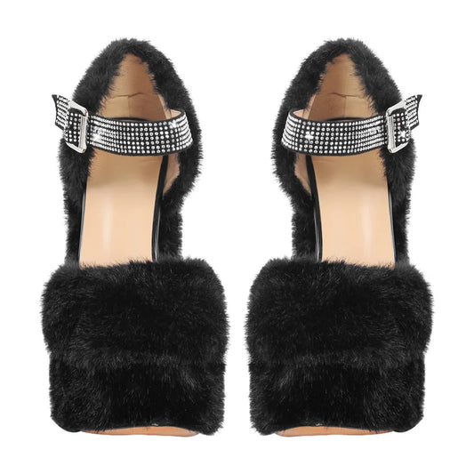 Faux fur platform sandals with embellished ankle strap