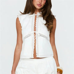 Eyelet lace tie front sleeveless top