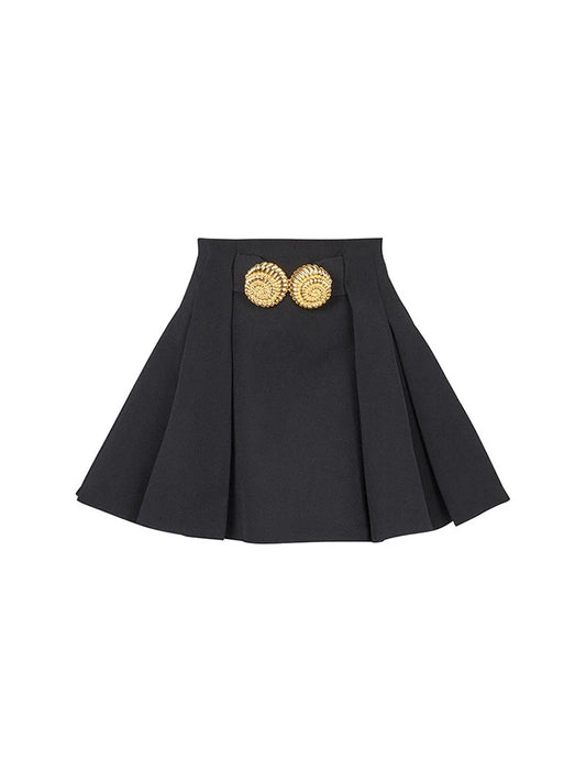 Black pleated mini skirt with gold metal buckles