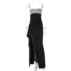 Strapless Lace Patchwork High Split Maxi Dress
