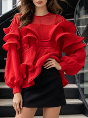 Ruffled Lantern Sleeve Sheer Blouse