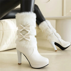 High Heel Boots Fur Tassel Bowtie Lolita Zip High Boots