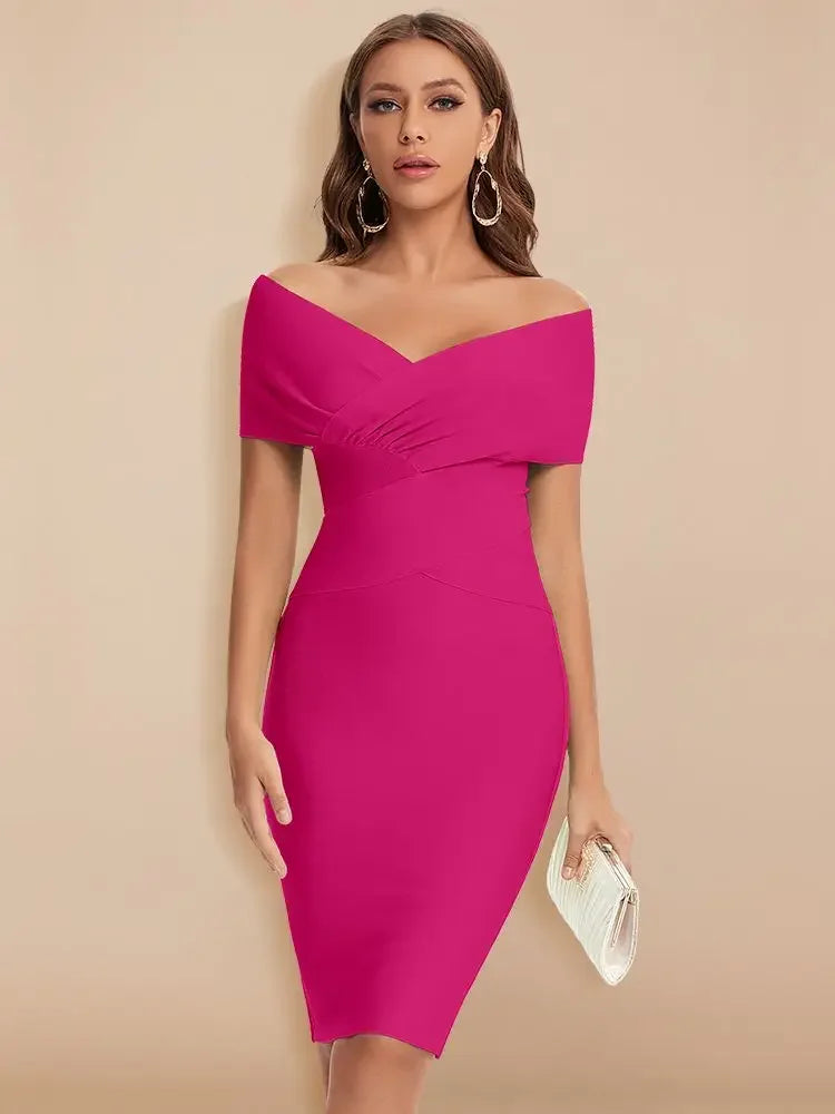 Woman wearing a bright pink off-shoulder dress against a beige background
