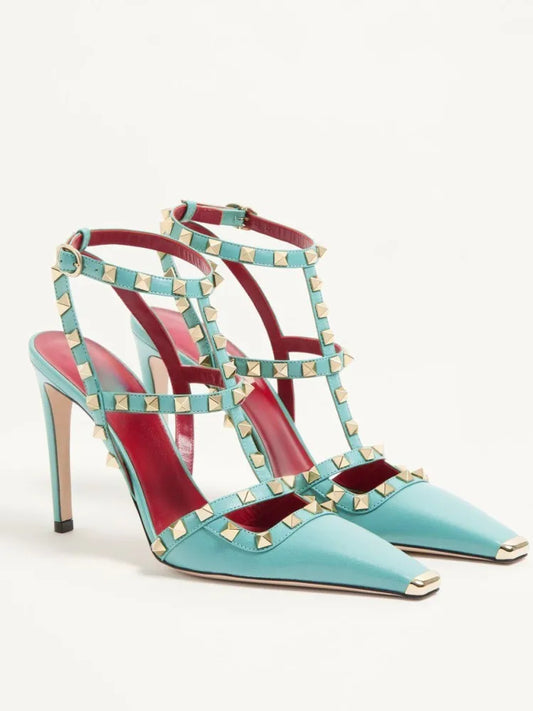 Turquoise riveted square toe stiletto heels