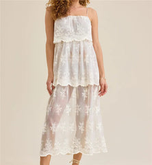 Maxi dress with floral lace overlay and spaghetti straps