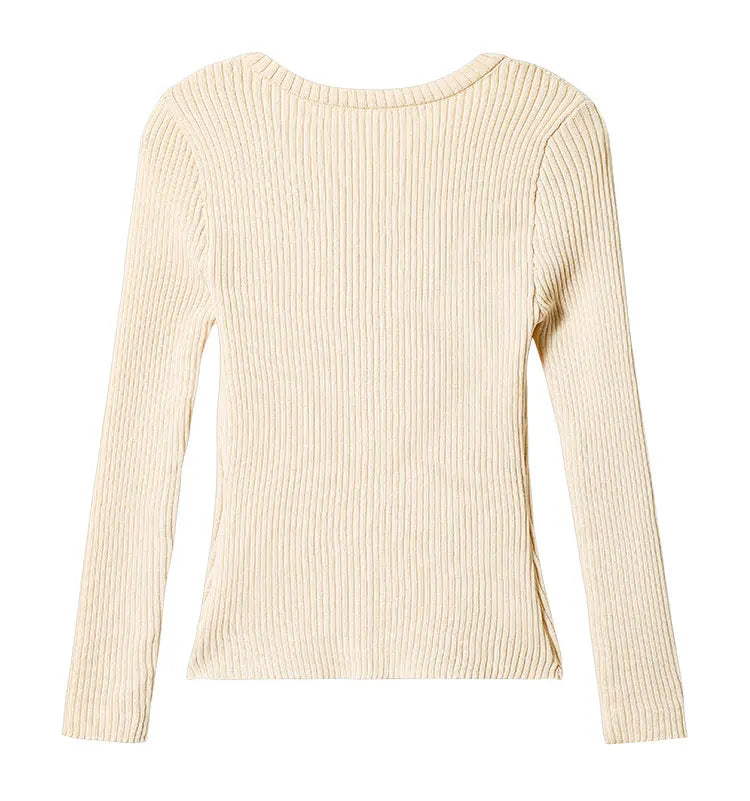 Back view of ribbed crew neck knit top