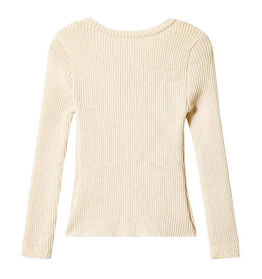 Back view of ribbed crew neck knit top