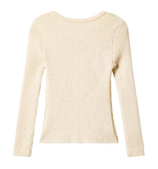Back view of ribbed crew neck knit top