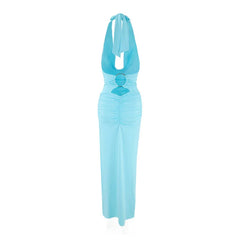 Blue Halter Neck Backless Ruched Gown