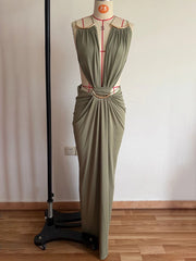 Halter Neck Chain Strap Cut Out Draped Maxi Dress