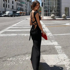 Cap Sleeve Cowl Neck Column Evening Dress