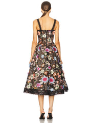 Black Floral Embroidered A-line Midi Dress