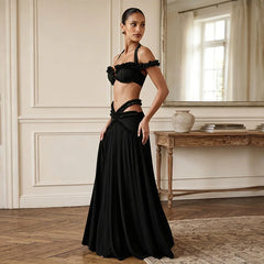 Halter Ruffle Crop Top and Cutout Maxi Skirt