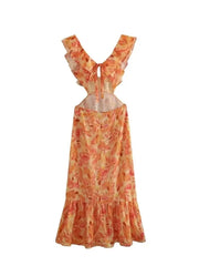 Open Back Orange Ruffle Printed Women's Long Dress