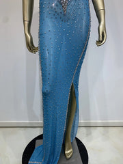 Blue Rhinestone Mesh Column Dress