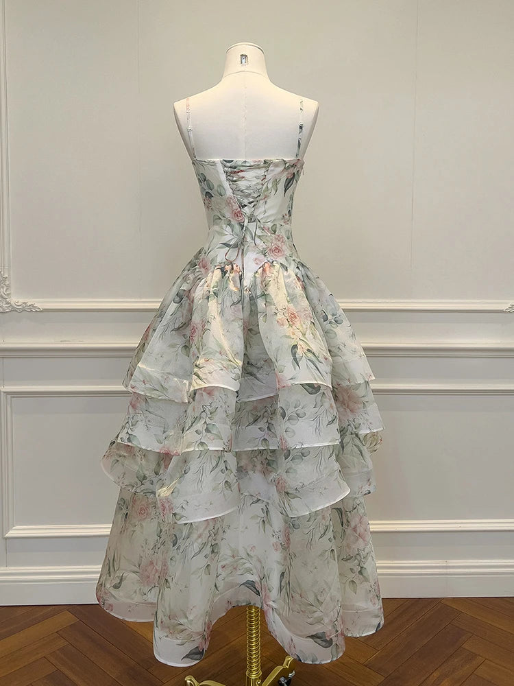 Floral print ruched bodice tiered skirt midi dress back view