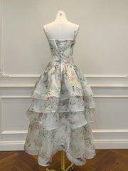 Floral print ruched bodice tiered skirt midi dress back view
