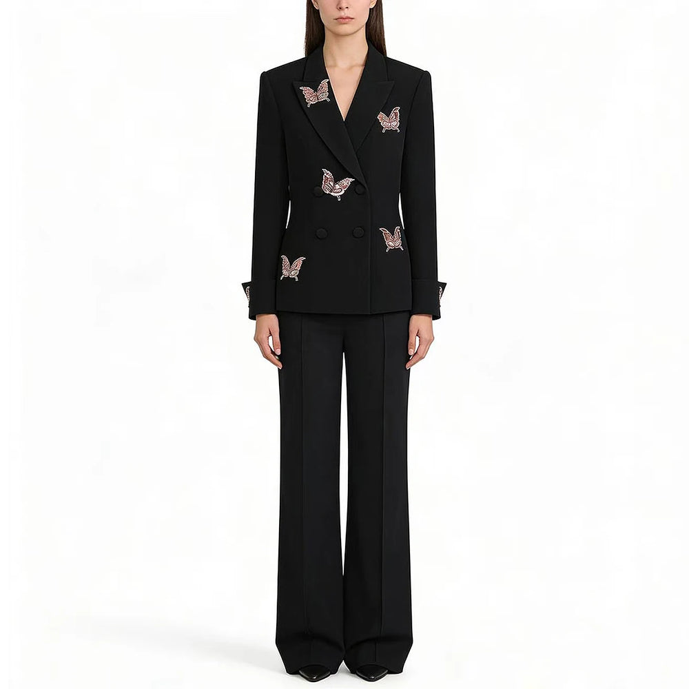 Embellished butterfly double breasted blazer with wide leg trousers