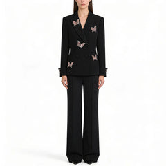 Embellished butterfly double breasted blazer with wide leg trousers