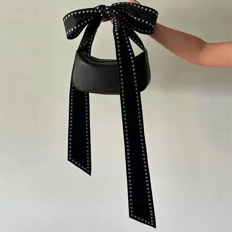 Rivet Black Bow Lace-up Zipper Bag