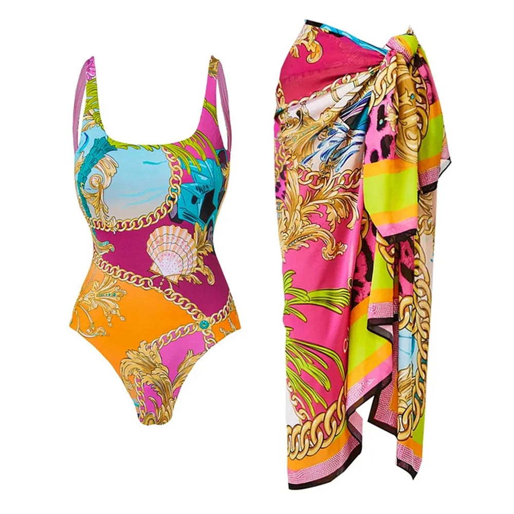 Printed Push Up One Piece Swimsuit with Cover-up