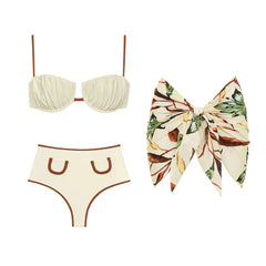 Floral Print Sweetheart Neckline One-Piece Swimsuit and Sarong Set