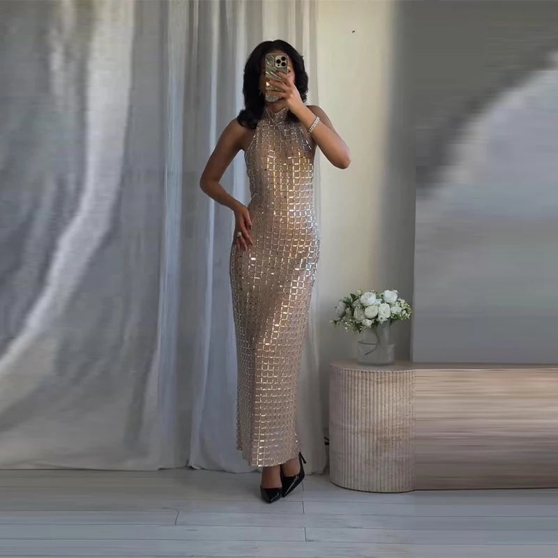 Full view of halter neck sequin maxi dress