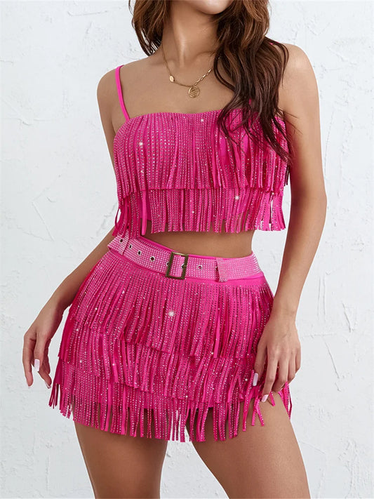Women's Sequin Feather Tassel Fringe Mini Skirt and Top Sets