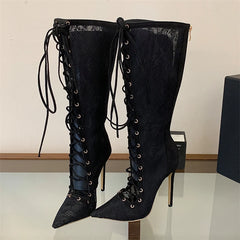 Black Lace Up Stiletto Knee High Boots