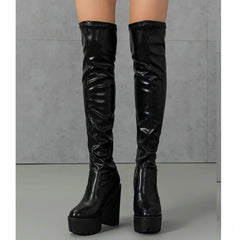 Over The Knee Round Toe Square Platform Heels Boots