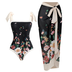 Floral Print Tie-Strap Bikini and Sarong Set
