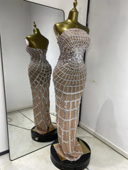 Sequined Mesh Strapless Floor-Length Dress