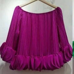 Pleated Off Shoulder Petal Hem Long Sleeve Top