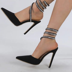 Black Crystal Thin Heel Narrow Band Stripper Heels Shoes