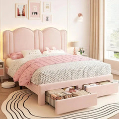 Pink bedroom with a bed featuring storage drawers, light pink walls, and decorative elements.