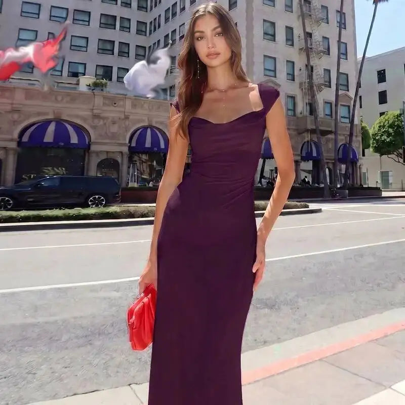 Purple cowl neck cap sleeve column evening dress