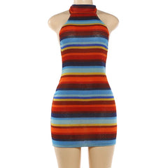 Striped Knit Halter Backless Mini Dress