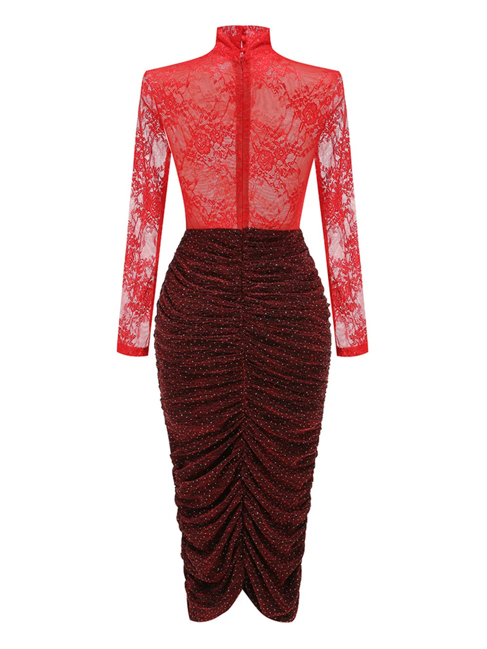 Red lace top and burgundy ruched skirt on a white background