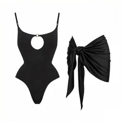 Cutout Monokini and Draped Skirt Swimwear Set