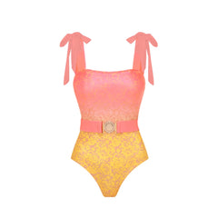 Close-up of the one-piece swimsuit with belted waist.