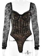 Black Lace Square Neck Long Sleeve Bodysuit